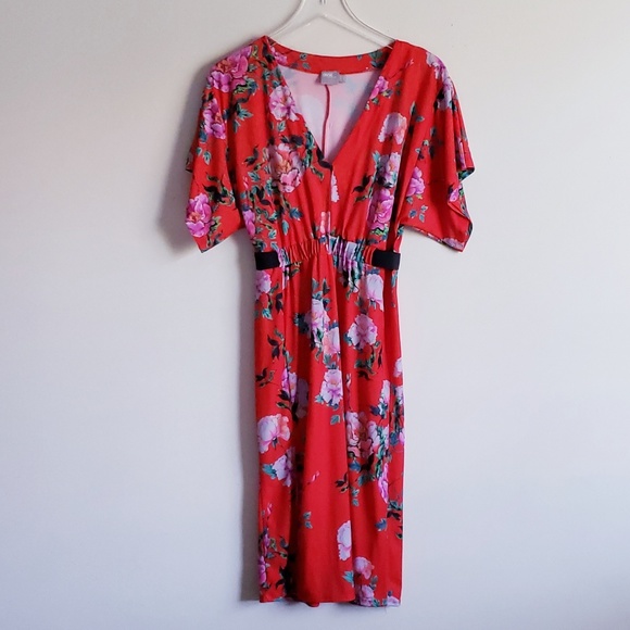 ASOS V Neck Floral Midi Dress Elastic Waist Dress - Picture 3 of 8